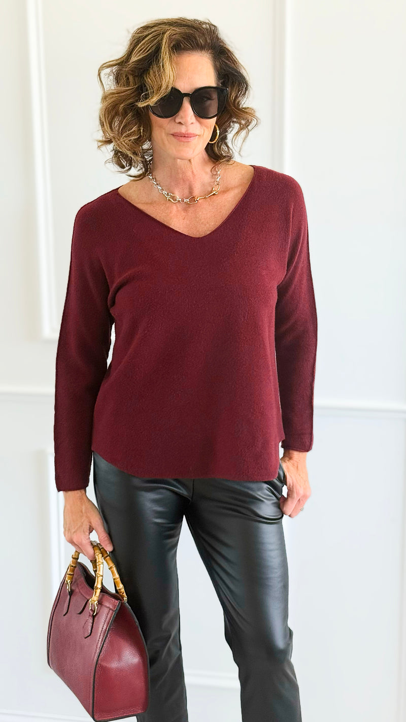 Soho Italian V-Neck Pullover - Wine-140 Sweaters-Italianissimo/ Max & D-Coastal Bloom Boutique, find the trendiest versions of the popular styles and looks Located in Indialantic, FL