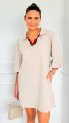 Prep School Puff Sleeve Dress - Beige-200 Dresses/Jumpsuits/Rompers-JODIFL-Coastal Bloom Boutique, find the trendiest versions of the popular styles and looks Located in Indialantic, FL
