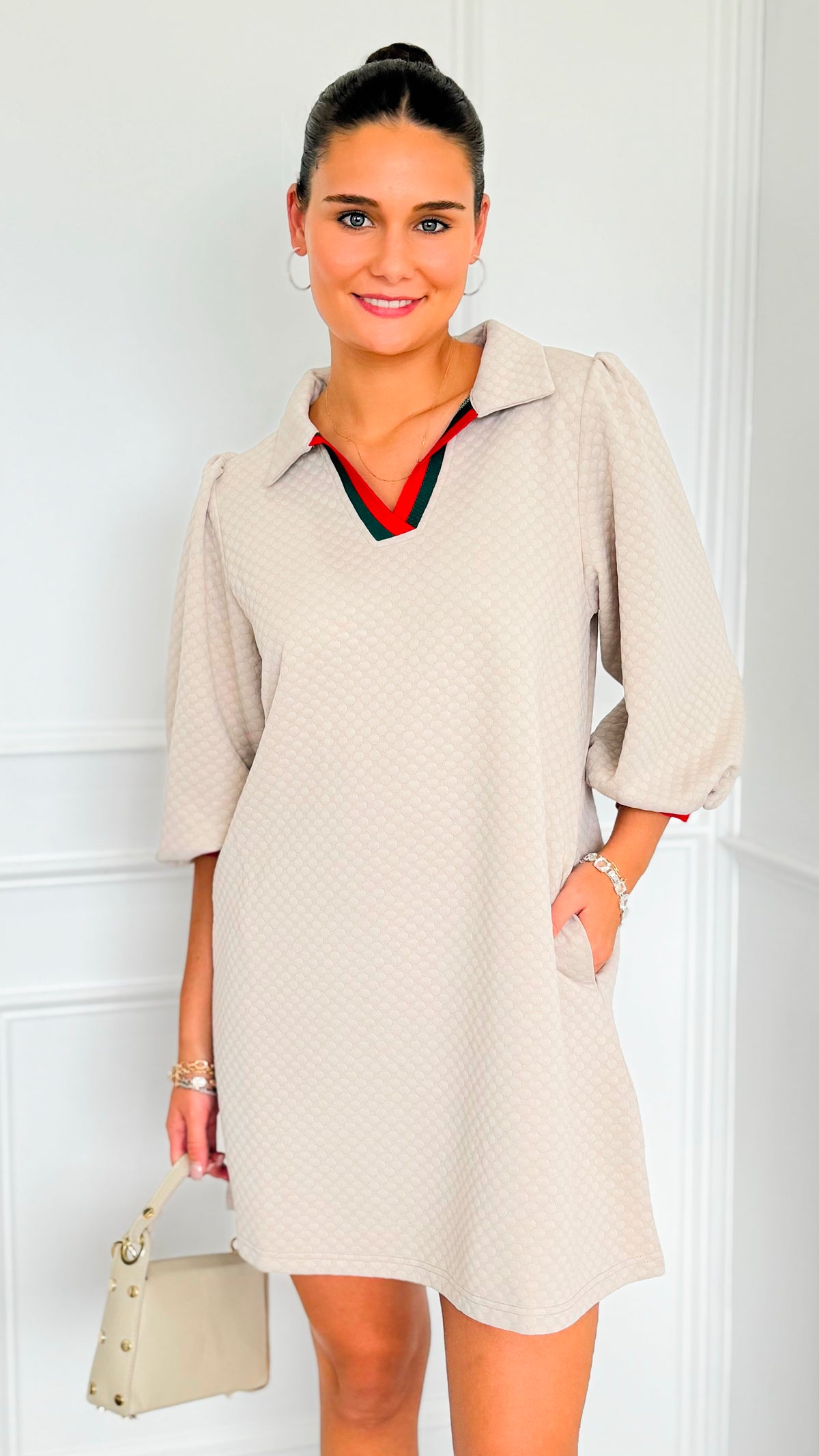 Prep School Puff Sleeve Dress - Beige-200 Dresses/Jumpsuits/Rompers-JODIFL-Coastal Bloom Boutique, find the trendiest versions of the popular styles and looks Located in Indialantic, FL