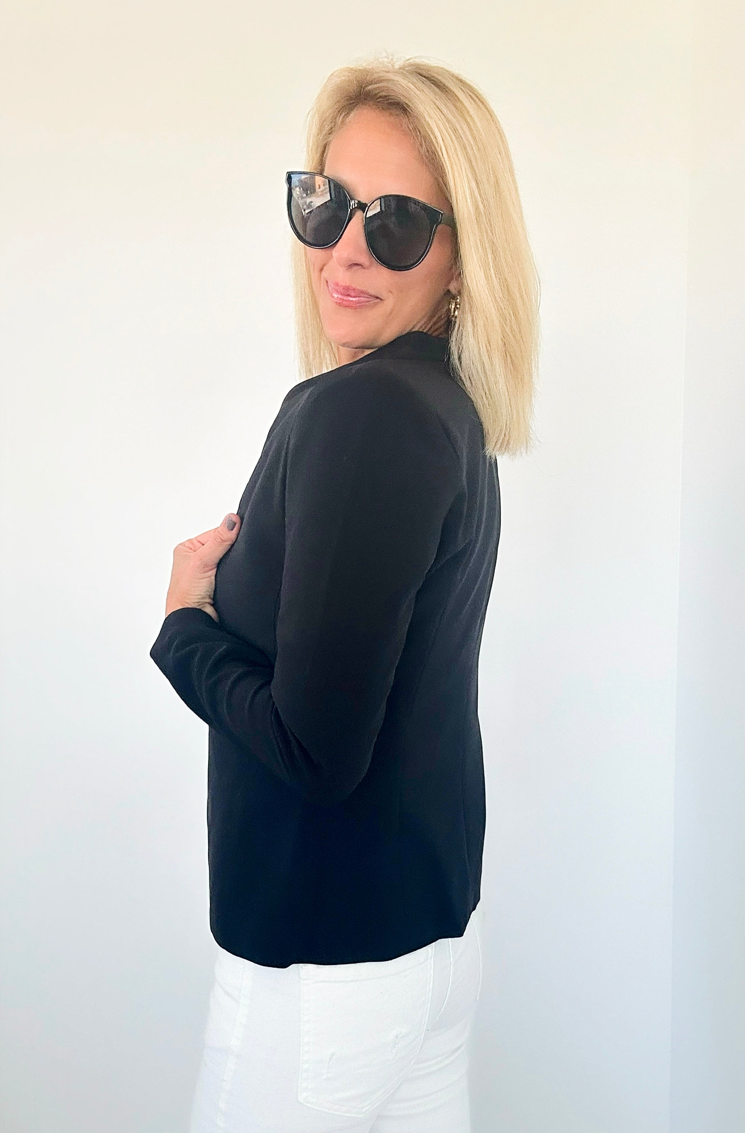 Collarless Open Front Blazer - Black-160 Jackets-Michel-Coastal Bloom Boutique, find the trendiest versions of the popular styles and looks Located in Indialantic, FL