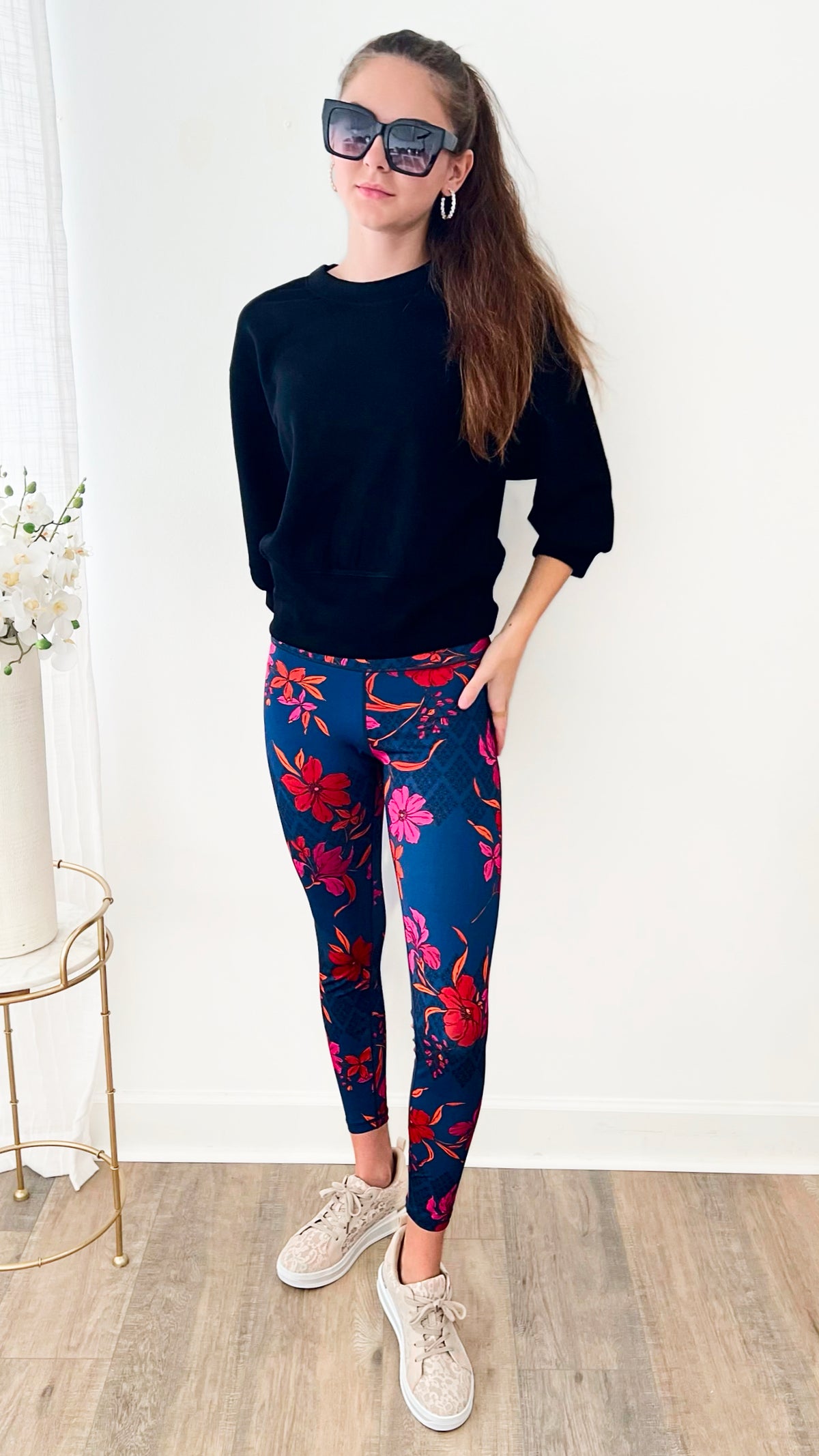 High Waisted Hibiscus Floral Leggings-210 Loungewear/Sets-YELETE-Coastal Bloom Boutique, find the trendiest versions of the popular styles and looks Located in Indialantic, FL