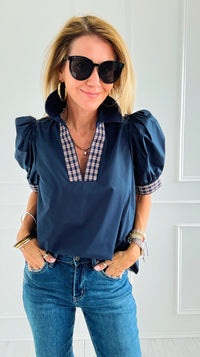 Checked Charm Puff Sleeve Top-110 Short Sleeve Tops-entro-Coastal Bloom Boutique, find the trendiest versions of the popular styles and looks Located in Indialantic, FL