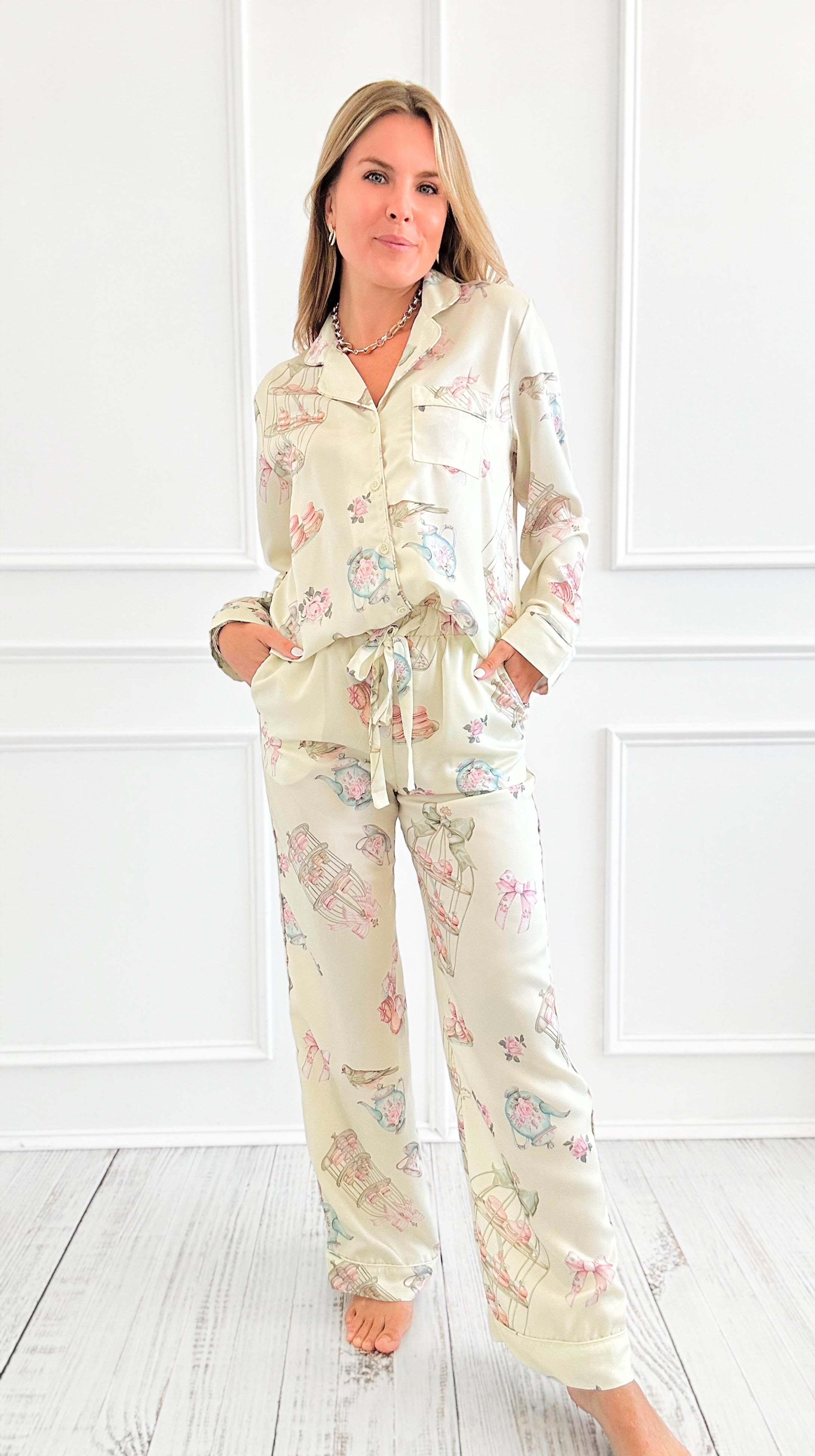 Macaron Tea Party Satin Pant Set-170 Bottoms-Fantastic Fawn-Coastal Bloom Boutique, find the trendiest versions of the popular styles and looks Located in Indialantic, FL