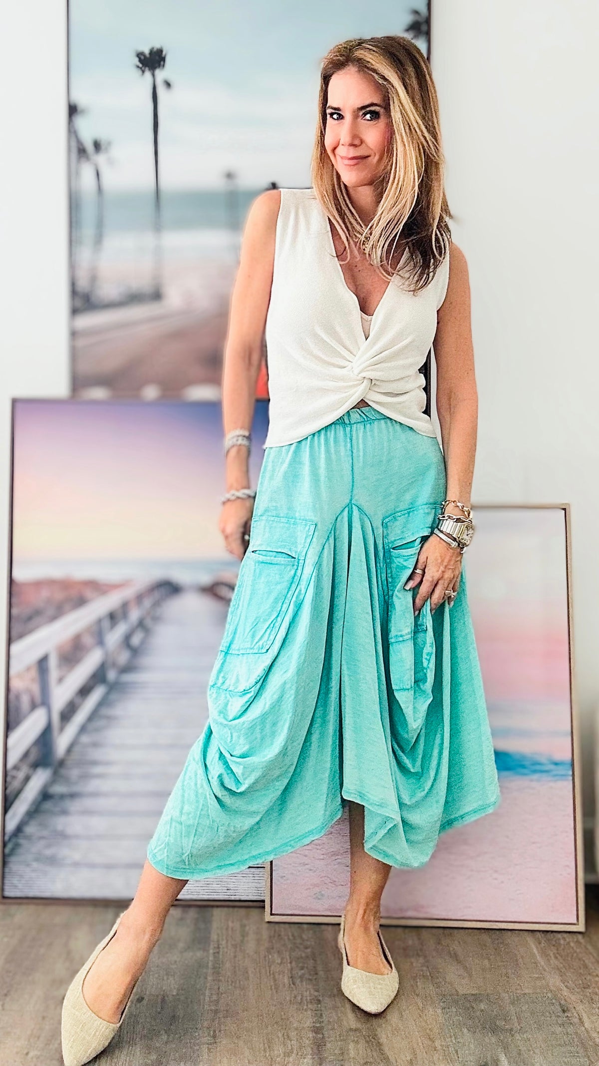 Seafoam Buffy Cotton Pocketed Italian Skirt-170 Bottoms-Tempo-Coastal Bloom Boutique, find the trendiest versions of the popular styles and looks Located in Indialantic, FL