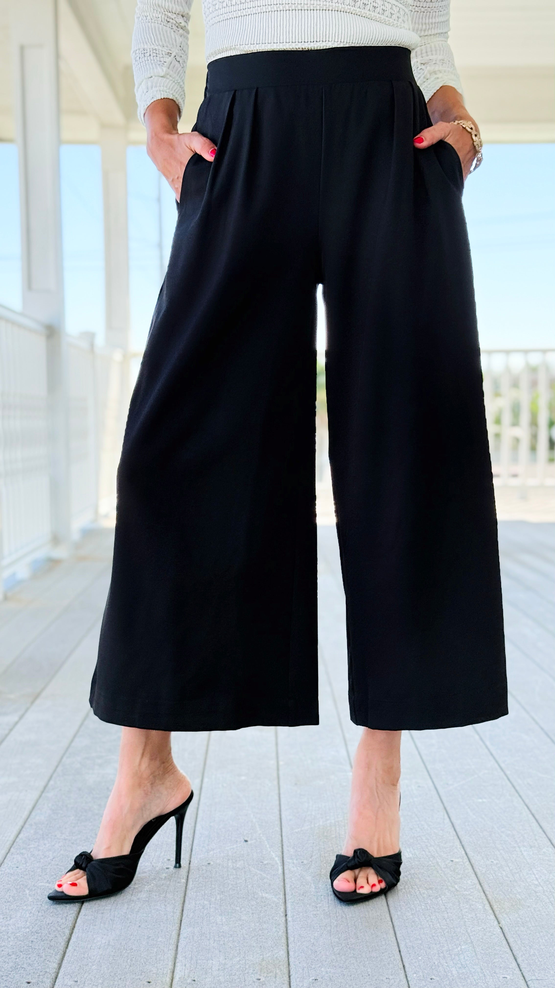 Sleek Pleated Cropped Pants - Black-170 Bottoms-Umgee-Coastal Bloom Boutique, find the trendiest versions of the popular styles and looks Located in Indialantic, FL