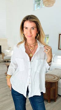 Pure Breeze Linen Italian Button Top- White-110 short Sleeve Top-Italianissimo-Coastal Bloom Boutique, find the trendiest versions of the popular styles and looks Located in Indialantic, FL