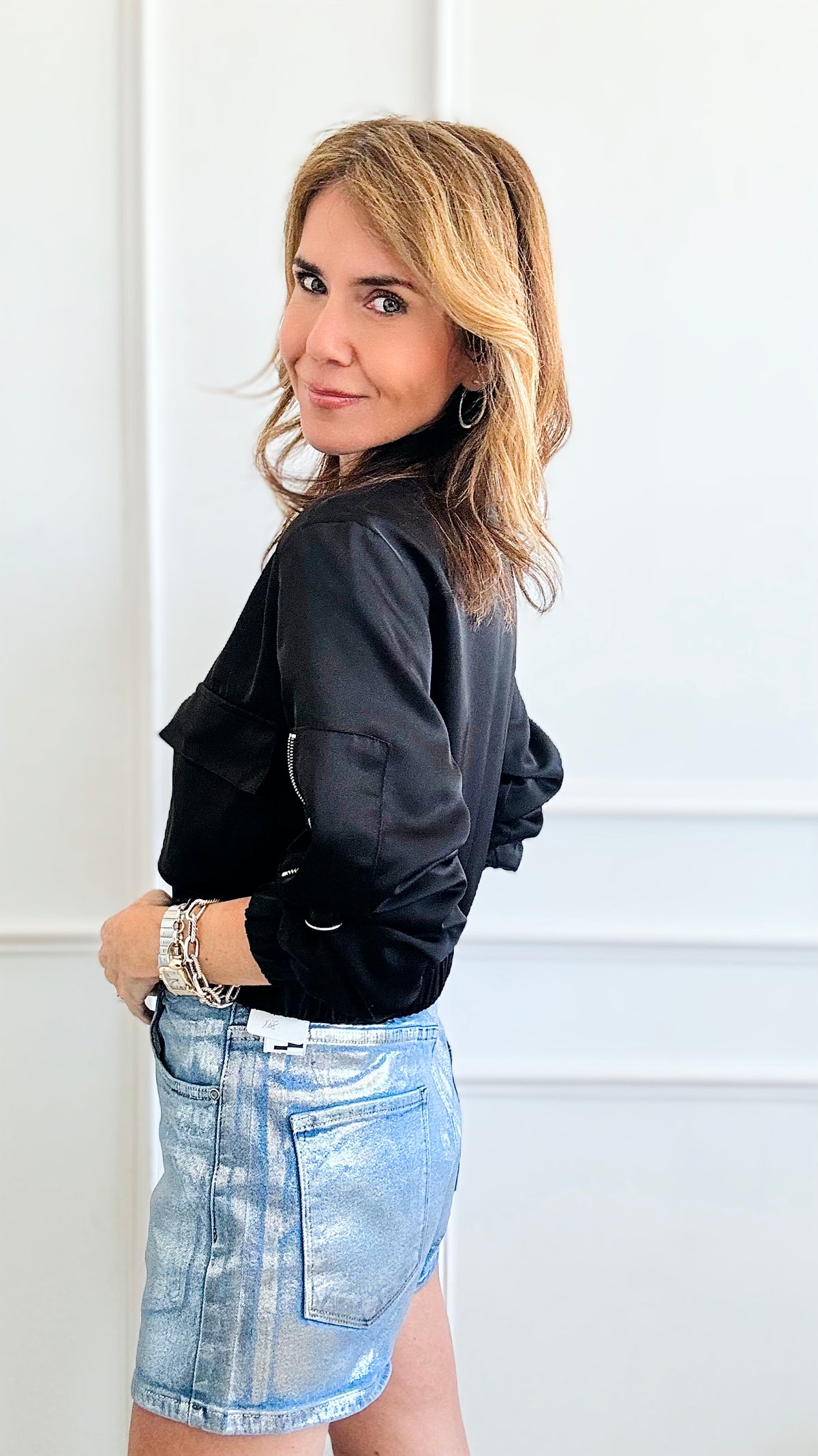 Satin Cropped Bomber Jacket - Black-160 Jackets-Love Tree Fashion-Coastal Bloom Boutique, find the trendiest versions of the popular styles and looks Located in Indialantic, FL
