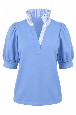 Harbor Stripe Frill Collar Blouse - Sky Blue