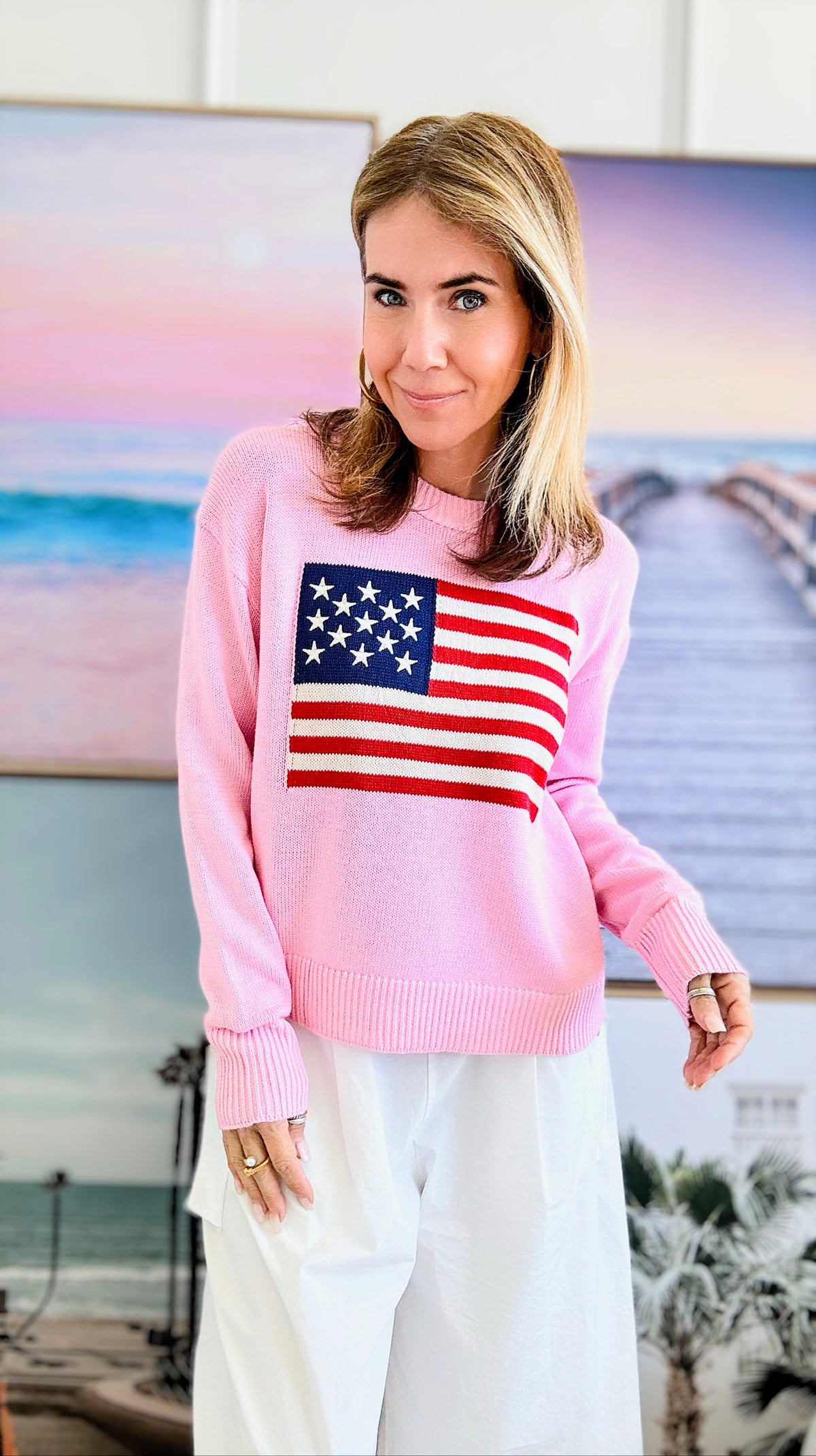 Embroidered Detailed Flag Knit Sweater-Cherry Pink-140 Sweaters-Miracle-Coastal Bloom Boutique, find the trendiest versions of the popular styles and looks Located in Indialantic, FL