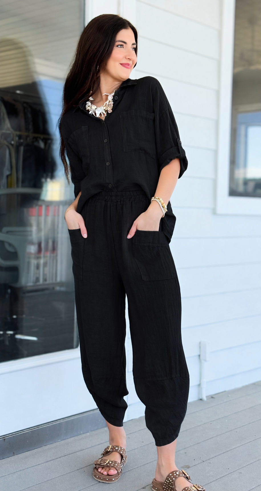 Riviera Days Linen Italian Button Top- Black