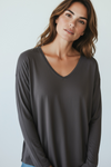 Italian V-Neck Jersey Top-Brown-110 Long Sleeve Tops-FATTURA ACCOMPAGNATORIA-Coastal Bloom Boutique, find the trendiest versions of the popular styles and looks Located in Indialantic, FL