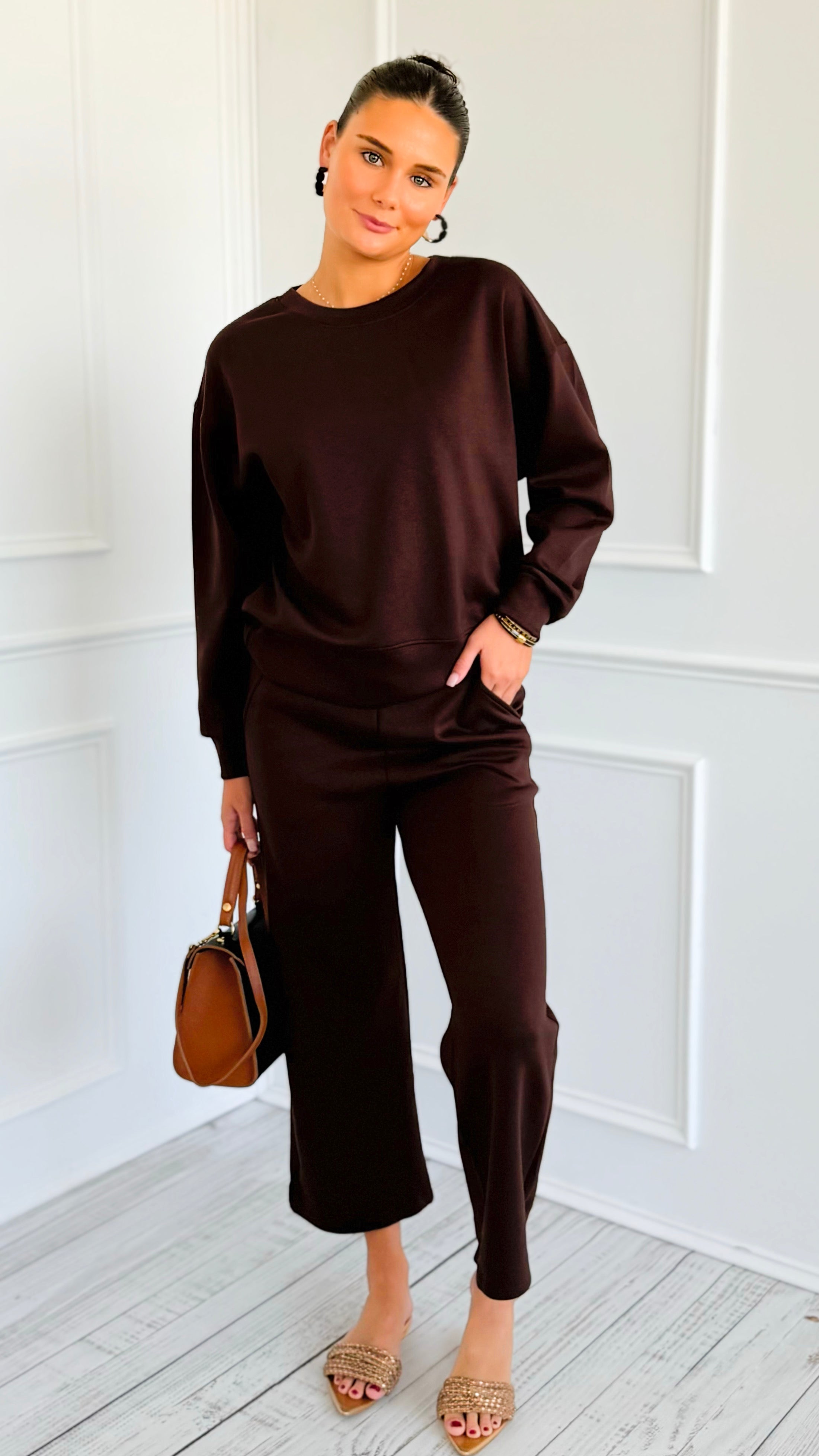 Weekender Ease Scuba 2pc Pant Set - Coffee-210 Loungewear/Sets-YELETE-Coastal Bloom Boutique, find the trendiest versions of the popular styles and looks Located in Indialantic, FL