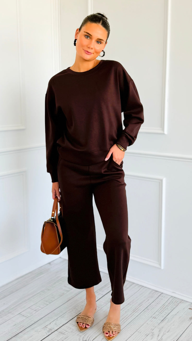 Weekender Ease Scuba 2pc Pant Set - Coffee-210 Loungewear/Sets-YELETE-Coastal Bloom Boutique, find the trendiest versions of the popular styles and looks Located in Indialantic, FL