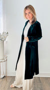 Velvet Duster Coat - Hunter Green-160 Jackets-skies are blue-Coastal Bloom Boutique, find the trendiest versions of the popular styles and looks Located in Indialantic, FL