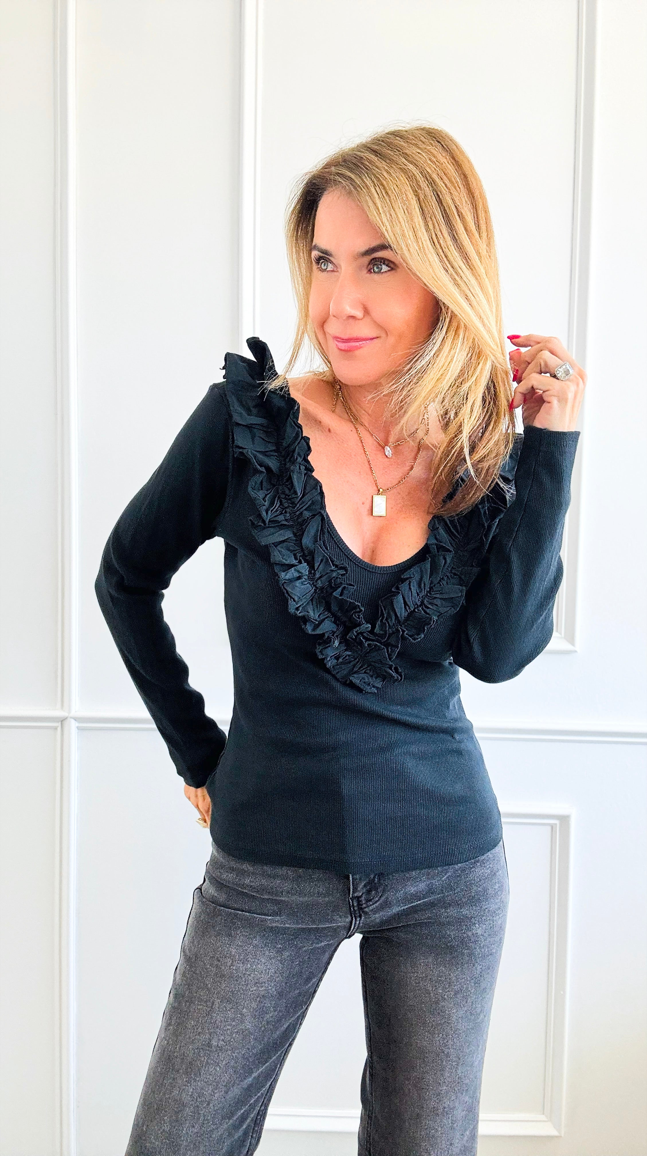 Whimsical Ruffle Italian Pullover- Black-100 Sleeveless Tops-Italianissimo-Coastal Bloom Boutique, find the trendiest versions of the popular styles and looks Located in Indialantic, FL