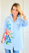 Striped & Flower Detail Italian Blouse-130 Long sleeve top-Italianissimo-Coastal Bloom Boutique, find the trendiest versions of the popular styles and looks Located in Indialantic, FL