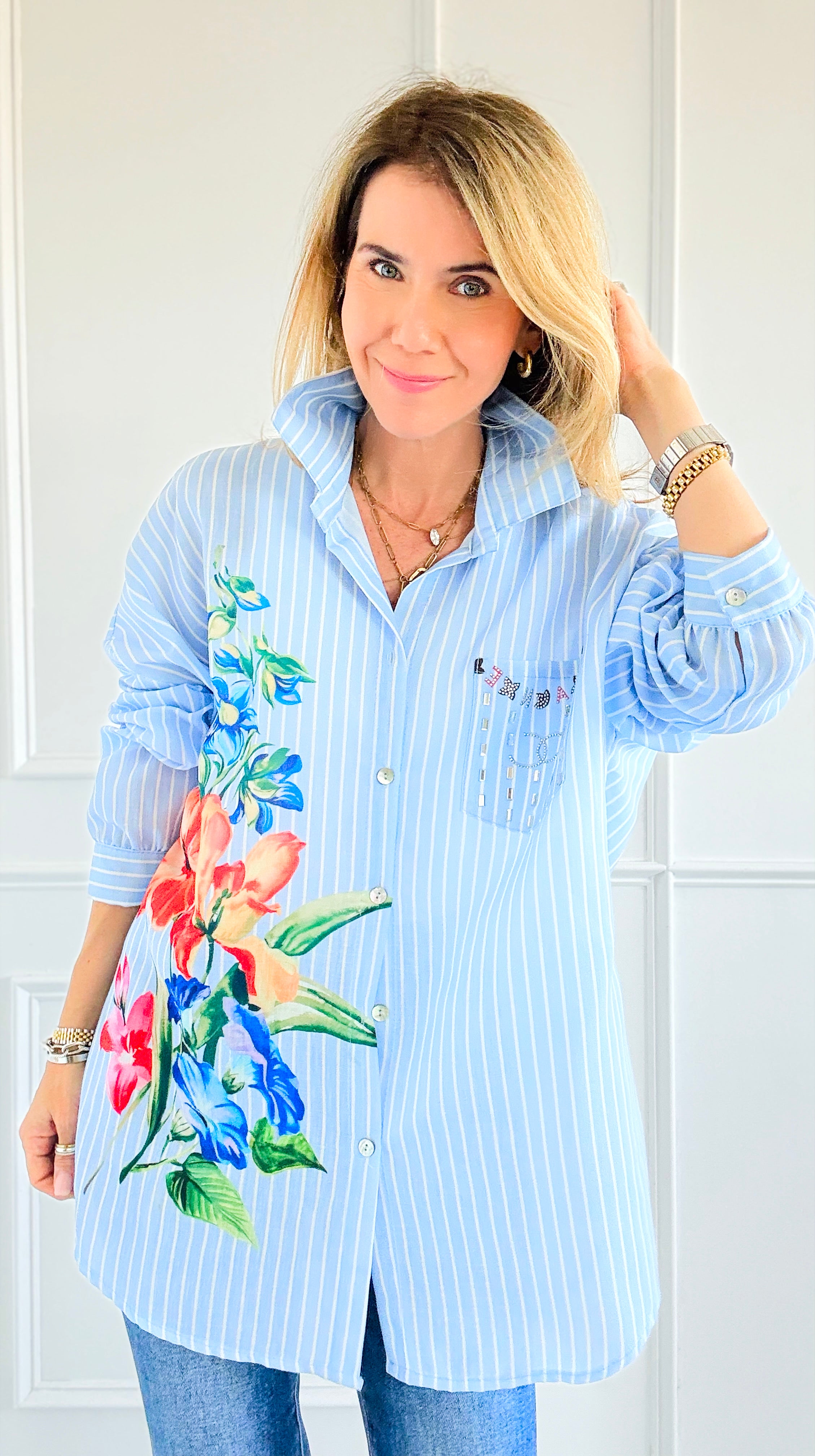 Striped & Flower Detail Italian Blouse-130 Long sleeve top-Italianissimo-Coastal Bloom Boutique, find the trendiest versions of the popular styles and looks Located in Indialantic, FL