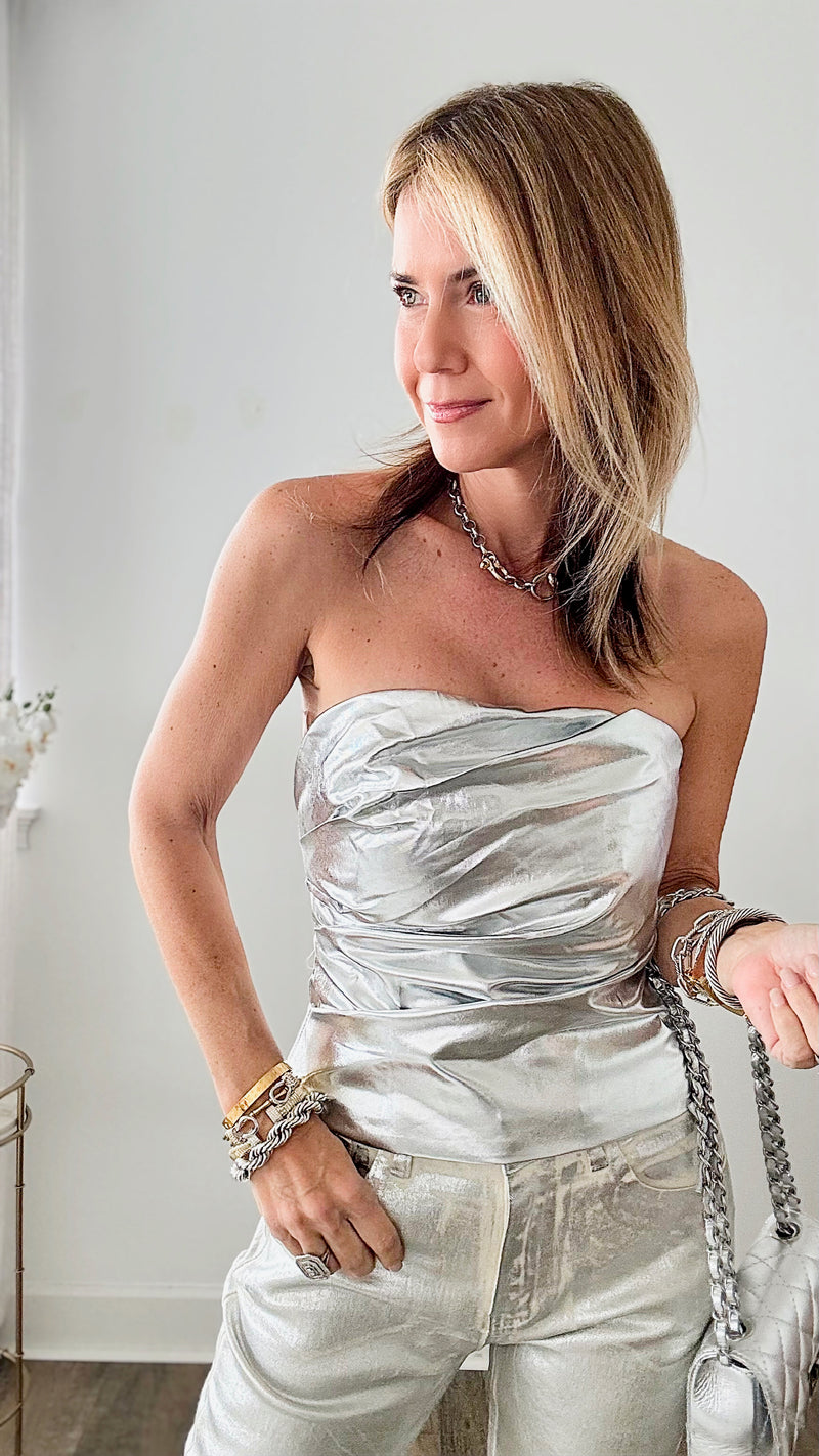 Metallic Wrap Silver Strapless Top-100 Sleeveless Tops-MISS LOVE-Coastal Bloom Boutique, find the trendiest versions of the popular styles and looks Located in Indialantic, FL