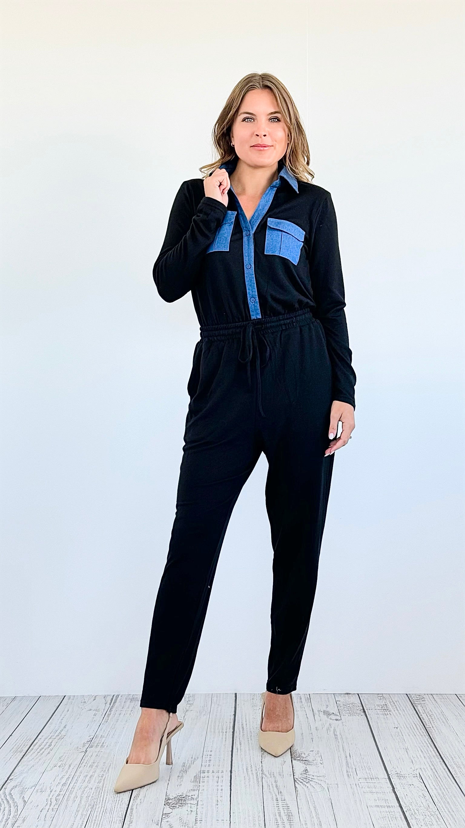 Denim Stroll Jumpsuit-200 Dresses/Jumpsuits/Rompers-DRESS DAY-Coastal Bloom Boutique, find the trendiest versions of the popular styles and looks Located in Indialantic, FL