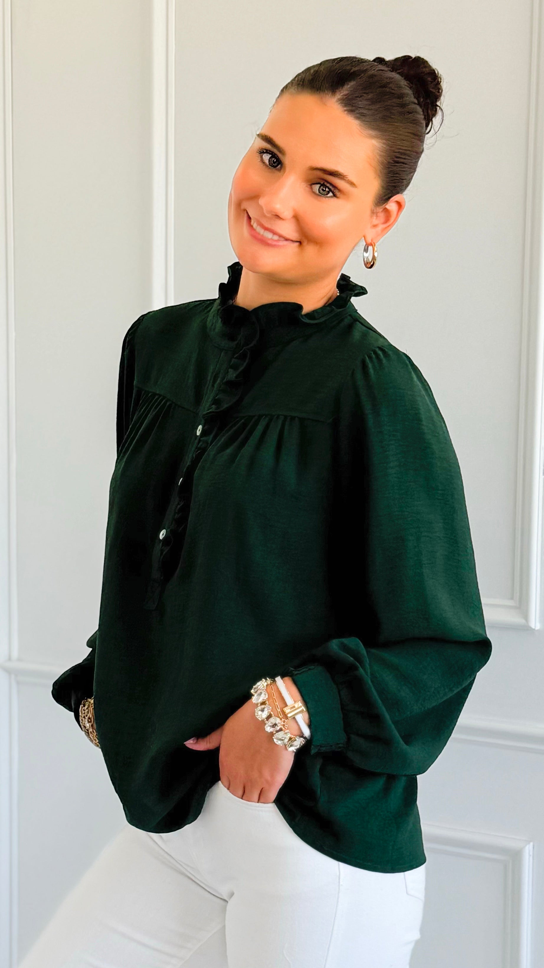 Victorian Muse Ruffle Top - Hunter Green-130 Long Sleeve Tops-JODIFL-Coastal Bloom Boutique, find the trendiest versions of the popular styles and looks Located in Indialantic, FL