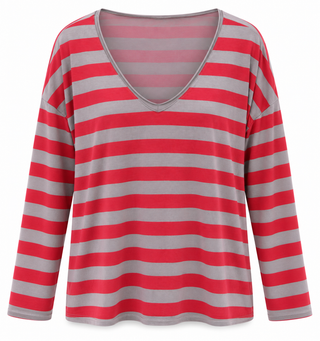 Weekend Stripe V-Neck Italian Top- Taupe/Red