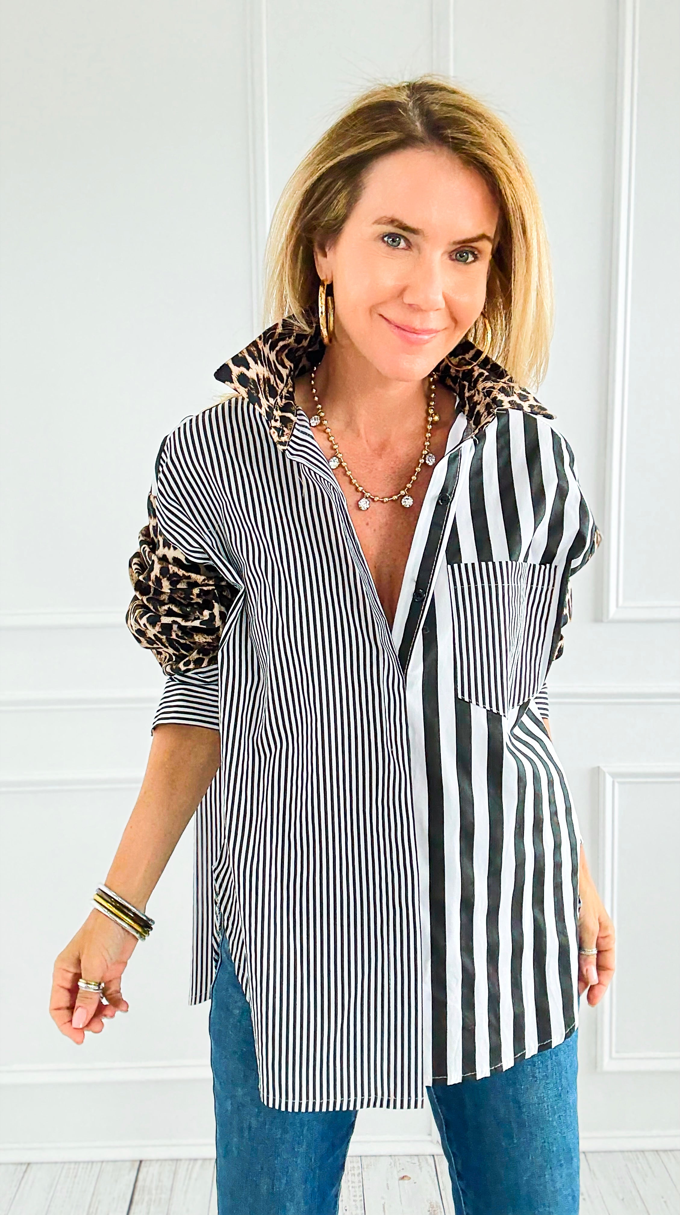 Leopard Stripe Italian Woven Blouse-110 Long Sleeve Tops-TATTOO Z-Coastal Bloom Boutique, find the trendiest versions of the popular styles and looks Located in Indialantic, FL