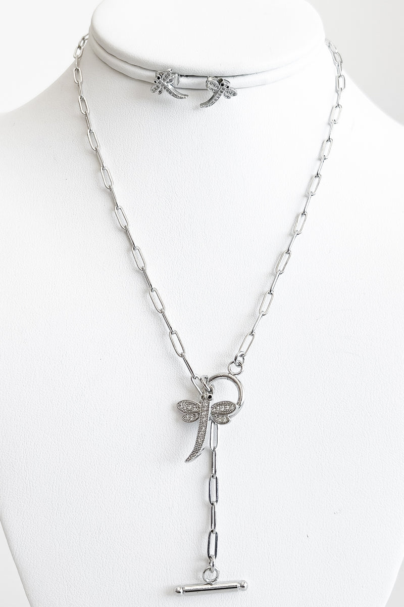 Paperclip CZ Dragonfly Pendant Toggle Necklace Set-230 Jewelry-NYW-Coastal Bloom Boutique, find the trendiest versions of the popular styles and looks Located in Indialantic, FL