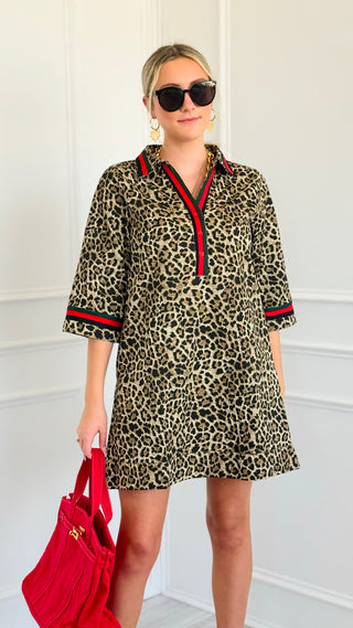Contrast Trim Leopard Print Tunic Dress