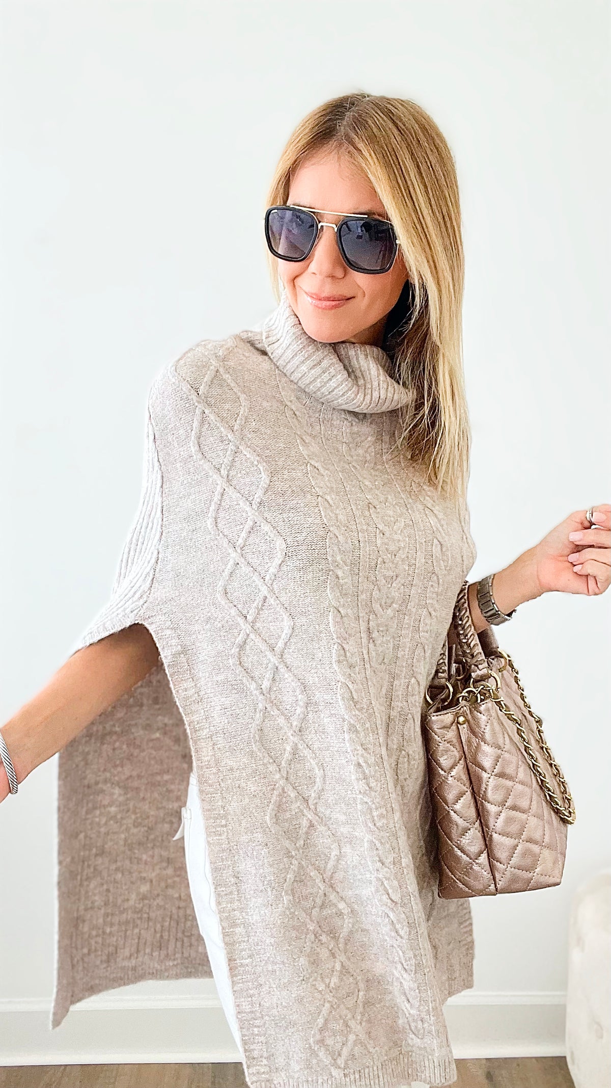 Cable Knit Turtleneck Poncho Sweater - Oatmeal-140 Sweaters-MAZIK-Coastal Bloom Boutique, find the trendiest versions of the popular styles and looks Located in Indialantic, FL