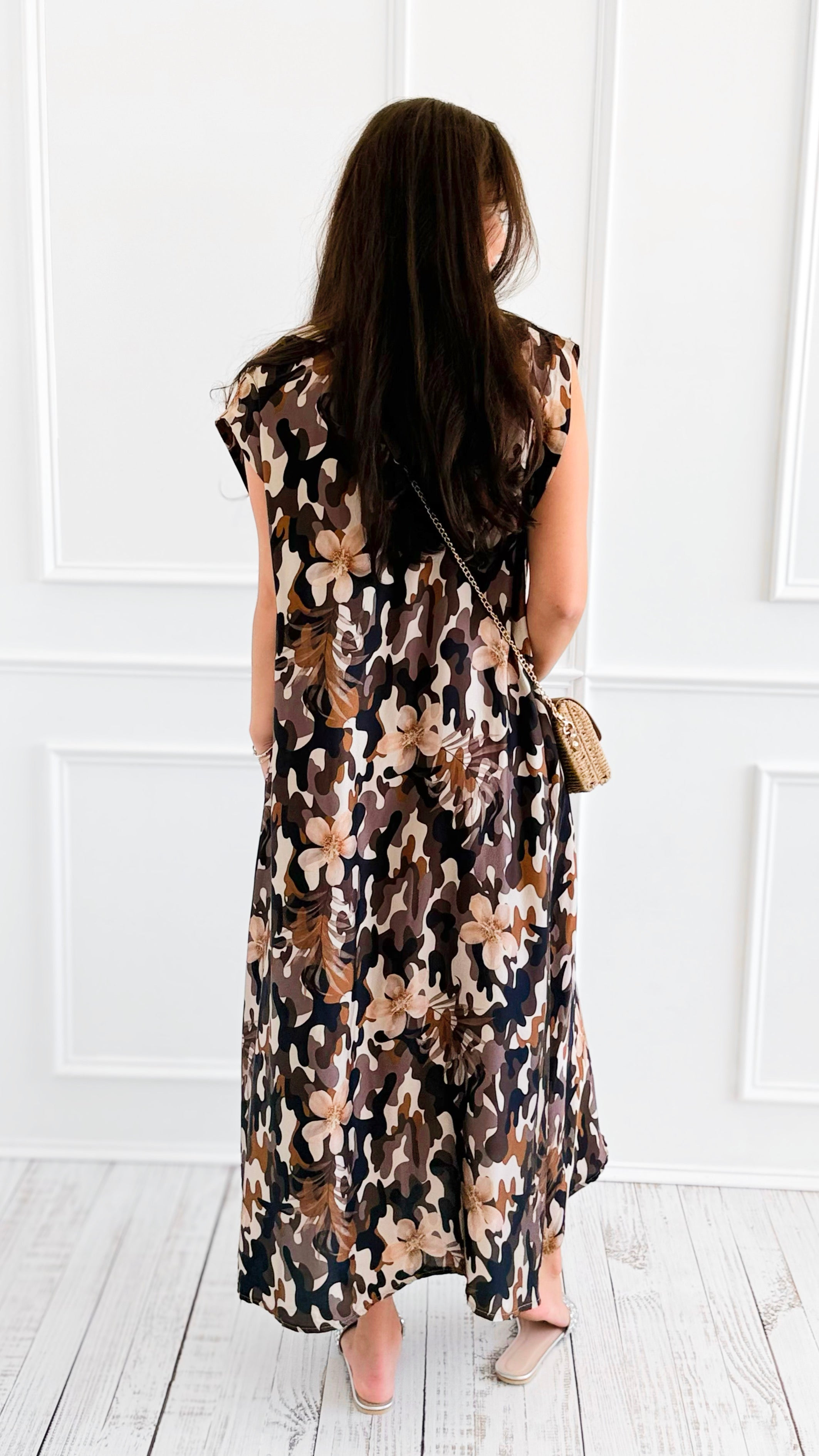 Bloom Camo Shimmer V-neck Italian Long Dress-200 Dresses/Jumpsuits/Rompers-1988-Coastal Bloom Boutique, find the trendiest versions of the popular styles and looks Located in Indialantic, FL