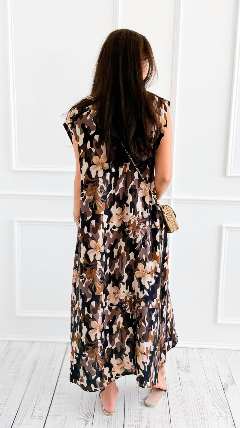 Bloom Camo Shimmer V-neck Italian Long Dress-200 Dresses/Jumpsuits/Rompers-1988-Coastal Bloom Boutique, find the trendiest versions of the popular styles and looks Located in Indialantic, FL