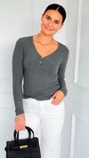 Button Me Up Ribbed Top - Heather Charcoal-130 Long Sleeve Tops-YELETE-Coastal Bloom Boutique, find the trendiest versions of the popular styles and looks Located in Indialantic, FL