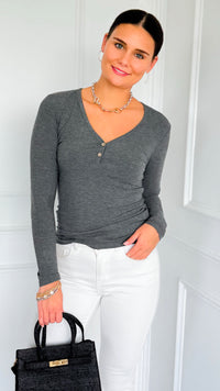 Button Me Up Ribbed Top - Heather Charcoal-130 Long Sleeve Tops-YELETE-Coastal Bloom Boutique, find the trendiest versions of the popular styles and looks Located in Indialantic, FL