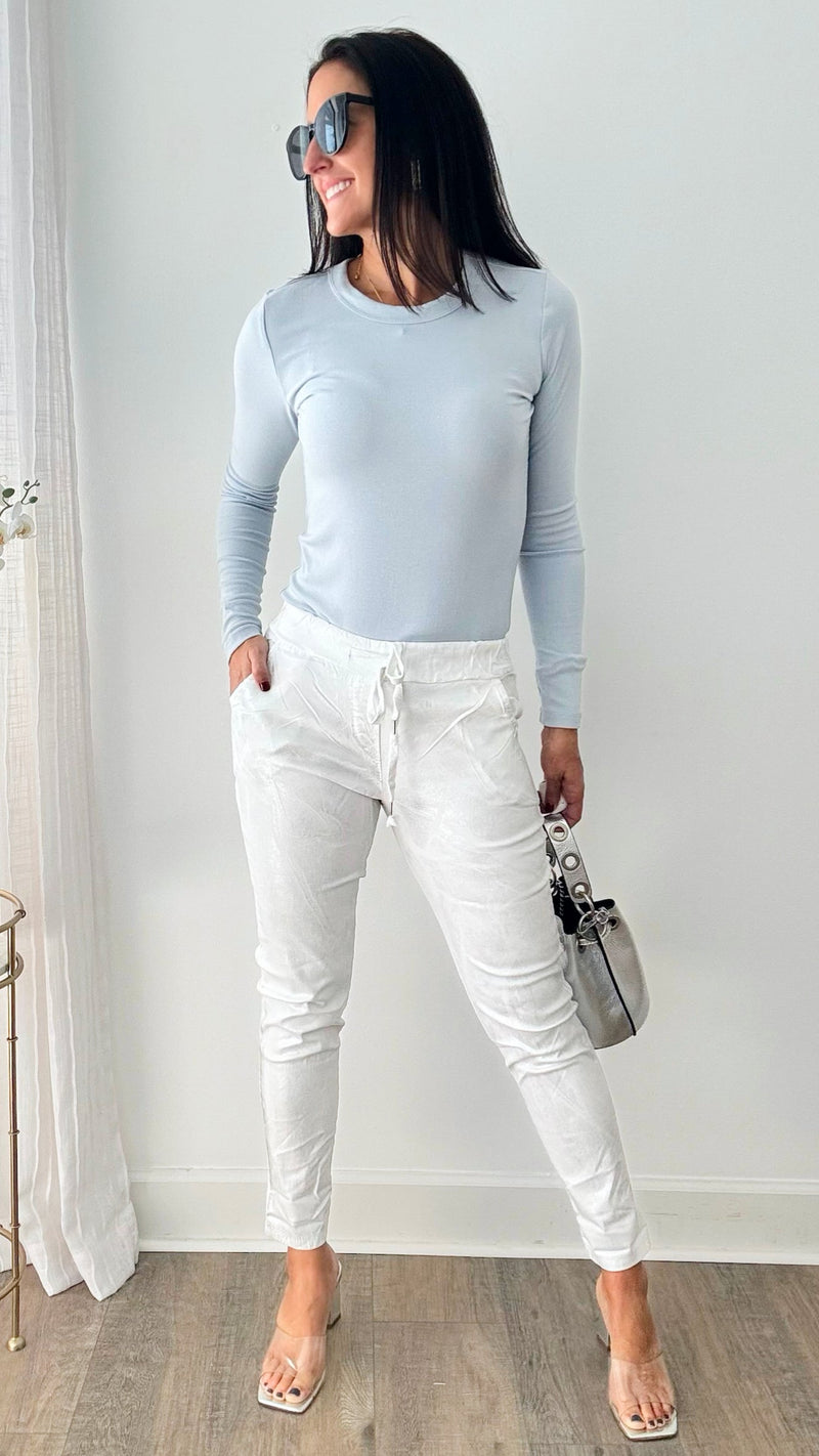 Glistening Silver Foil Italian Joggers - White-180 Joggers-Germany-Coastal Bloom Boutique, find the trendiest versions of the popular styles and looks Located in Indialantic, FL