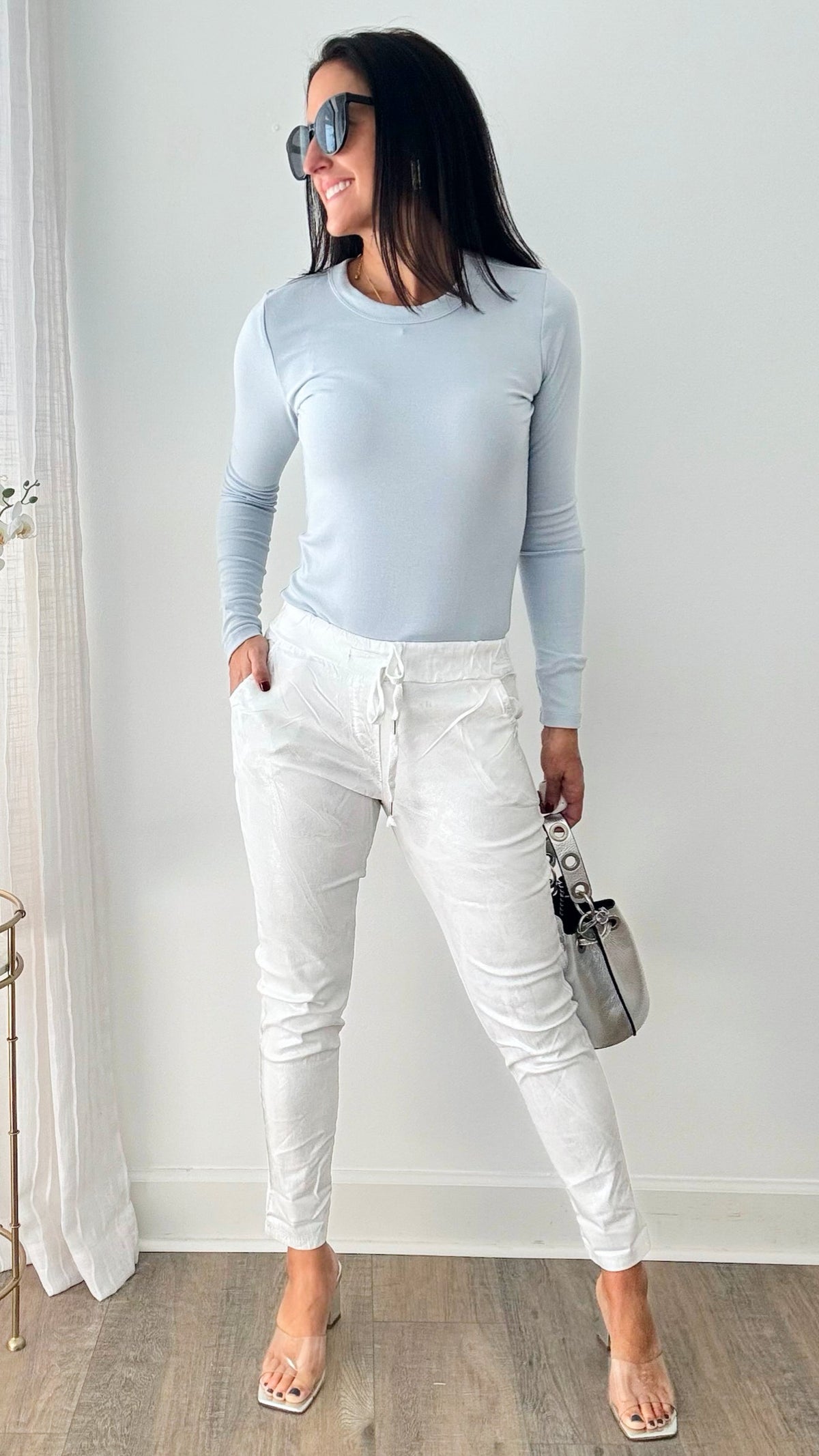 Glistening Silver Foil Italian Joggers - White-180 Joggers-Italianissimo-Coastal Bloom Boutique, find the trendiest versions of the popular styles and looks Located in Indialantic, FL