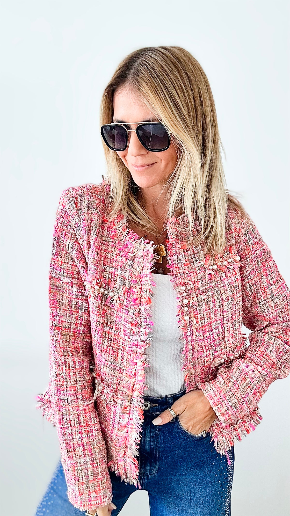 5th Ave Pearl Tweed Jacket - Pink-160 Jackets-EASEL-Coastal Bloom Boutique, find the trendiest versions of the popular styles and looks Located in Indialantic, FL