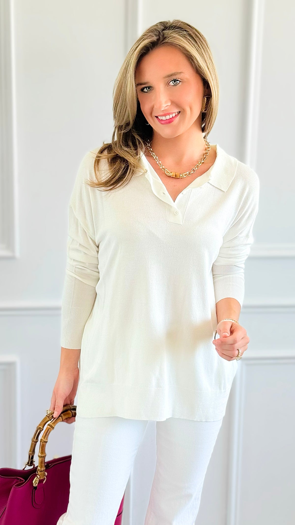 Polished Collar Knit Polo Top - Ivory-130 Long Sleeve Tops-ROUSSEAU-Coastal Bloom Boutique, find the trendiest versions of the popular styles and looks Located in Indialantic, FL