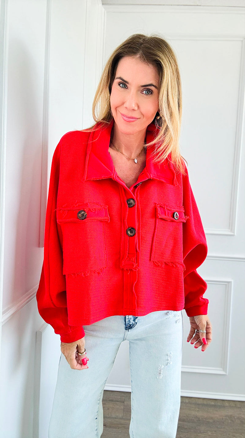 French Terry Buttoned Down Top - Red-130 Long Sleeve Tops-BucketList-Coastal Bloom Boutique, find the trendiest versions of the popular styles and looks Located in Indialantic, FL