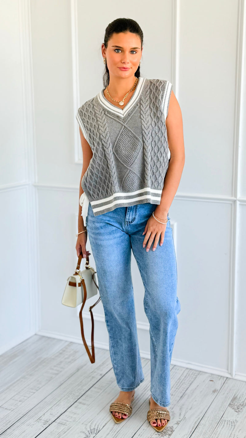 Sweet Side Tie Knit Vest-Grey-00 Sleevless Tops-Fantastic Fawn-Coastal Bloom Boutique, find the trendiest versions of the popular styles and looks Located in Indialantic, FL