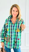 Desert Mirage Plaid Italian Blouse-Green-110 Long Sleeve Tops-TATTOO Z-Coastal Bloom Boutique, find the trendiest versions of the popular styles and looks Located in Indialantic, FL