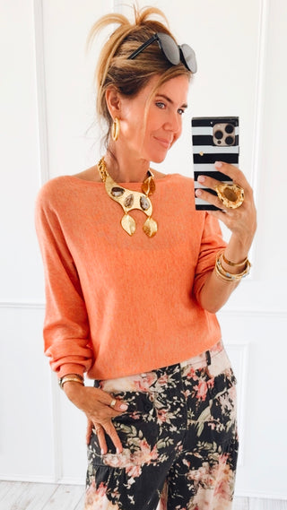 Boat Neck Fine Knit Top - Peach