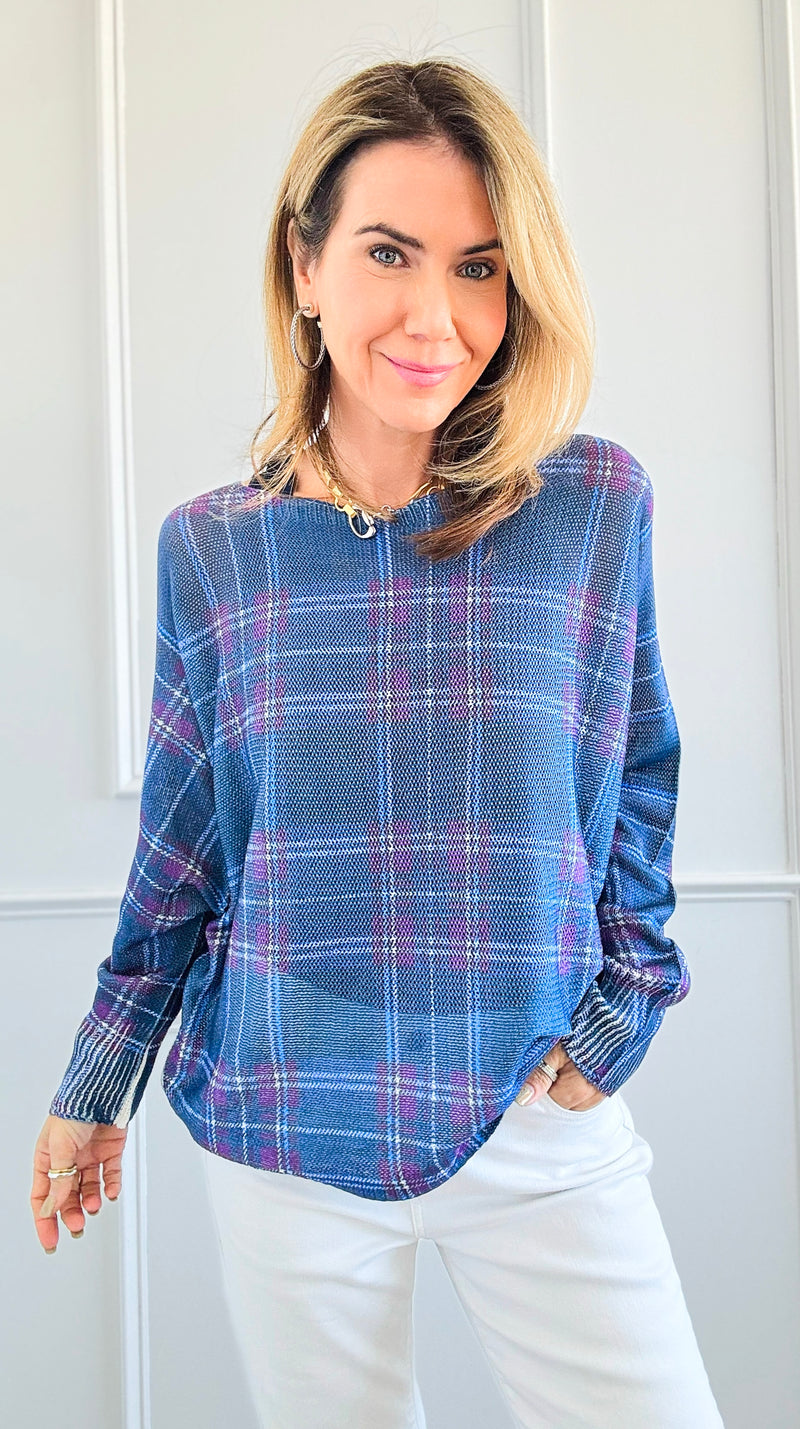 Festive Plaid St Tropez Italian Knit Sweater- Cobalt Blue-140 Sweaters-Italianissimo-Coastal Bloom Boutique, find the trendiest versions of the popular styles and looks Located in Indialantic, FL