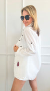 Embroidered Long Classic Shirt - White-130 Long Sleeve Tops-Chasing Bandits-Coastal Bloom Boutique, find the trendiest versions of the popular styles and looks Located in Indialantic, FL