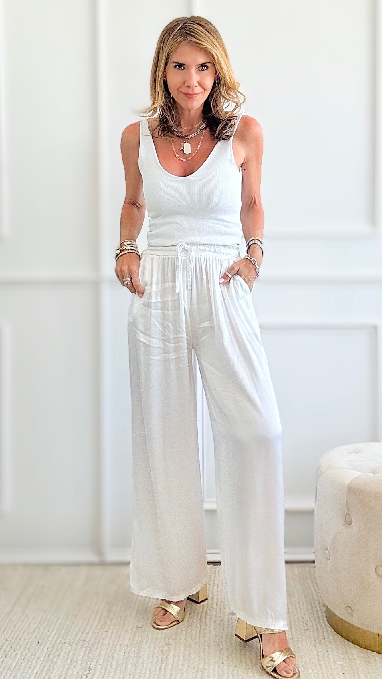 Angora Italian Satin Pant - White-170 Bottoms-Germany-Coastal Bloom Boutique, find the trendiest versions of the popular styles and looks Located in Indialantic, FL