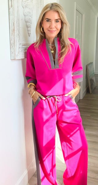 Contrast Stripe Wide Leg Pants - Magenta