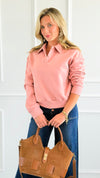 Whispered Grace Polo Top - Mauve Pink-130 Long Sleeve Tops-Rosio-Coastal Bloom Boutique, find the trendiest versions of the popular styles and looks Located in Indialantic, FL
