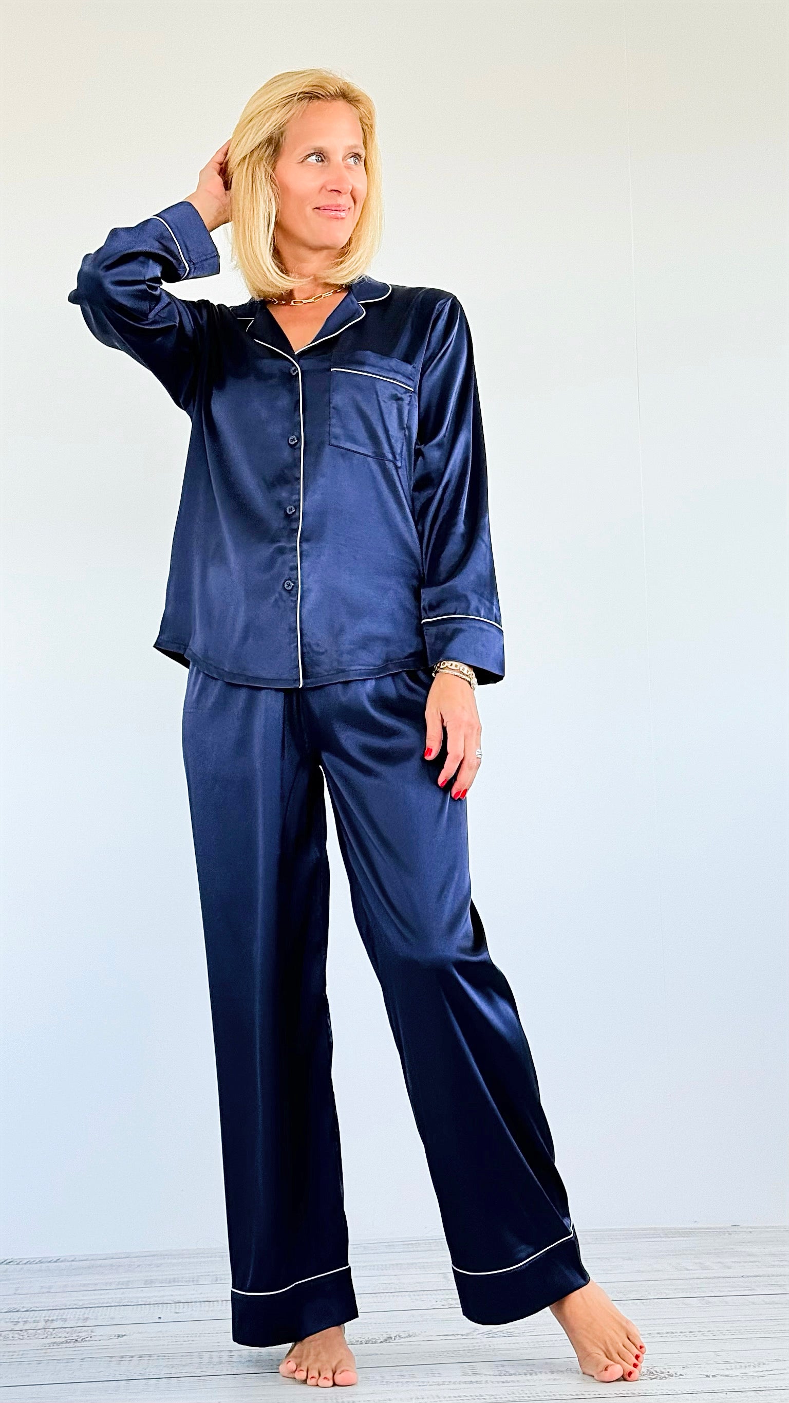 Luxe Satin Pajama Set-210 Loungewear/Sets-Zenana-Coastal Bloom Boutique, find the trendiest versions of the popular styles and looks Located in Indialantic, FL