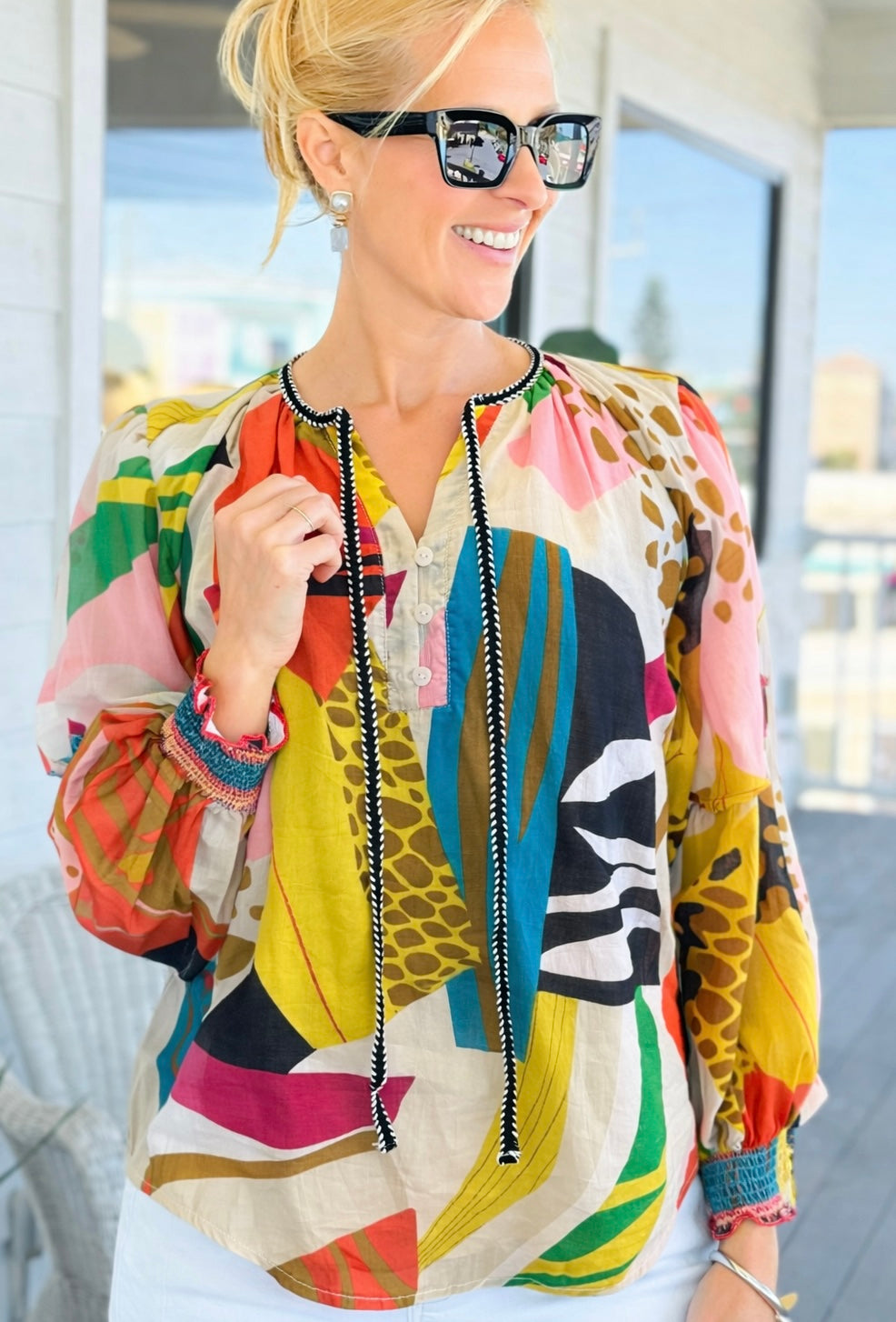 Multi Print Tie Front Blouse