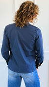 Rhinestone Brooch Detail Top - Navy-130 Long Sleeve Tops-PASTEL DESIGN-Coastal Bloom Boutique, find the trendiest versions of the popular styles and looks Located in Indialantic, FL