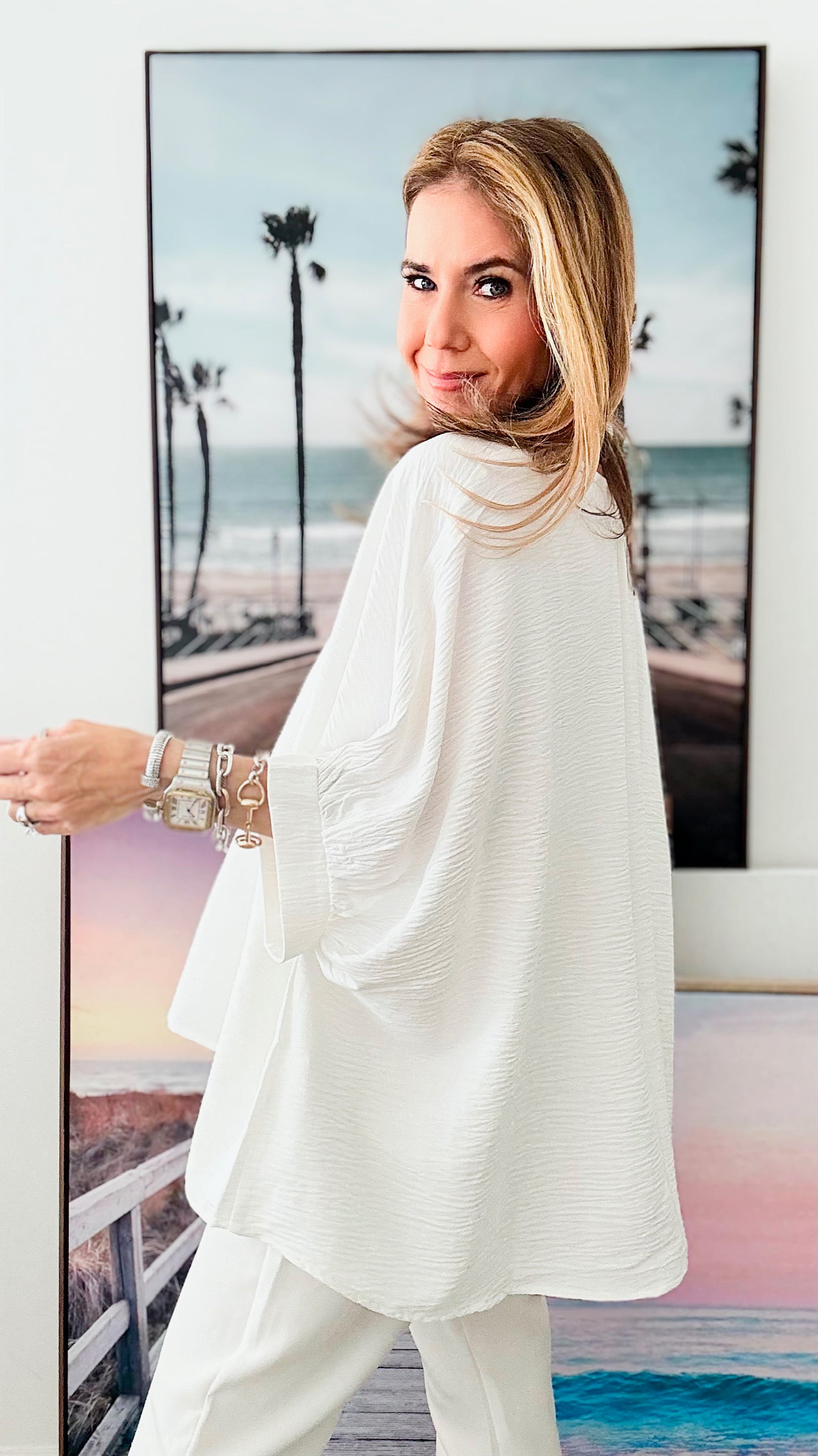 Woven Airflow Top - Off White-130 Long Sleeve Tops-Zenana-Coastal Bloom Boutique, find the trendiest versions of the popular styles and looks Located in Indialantic, FL